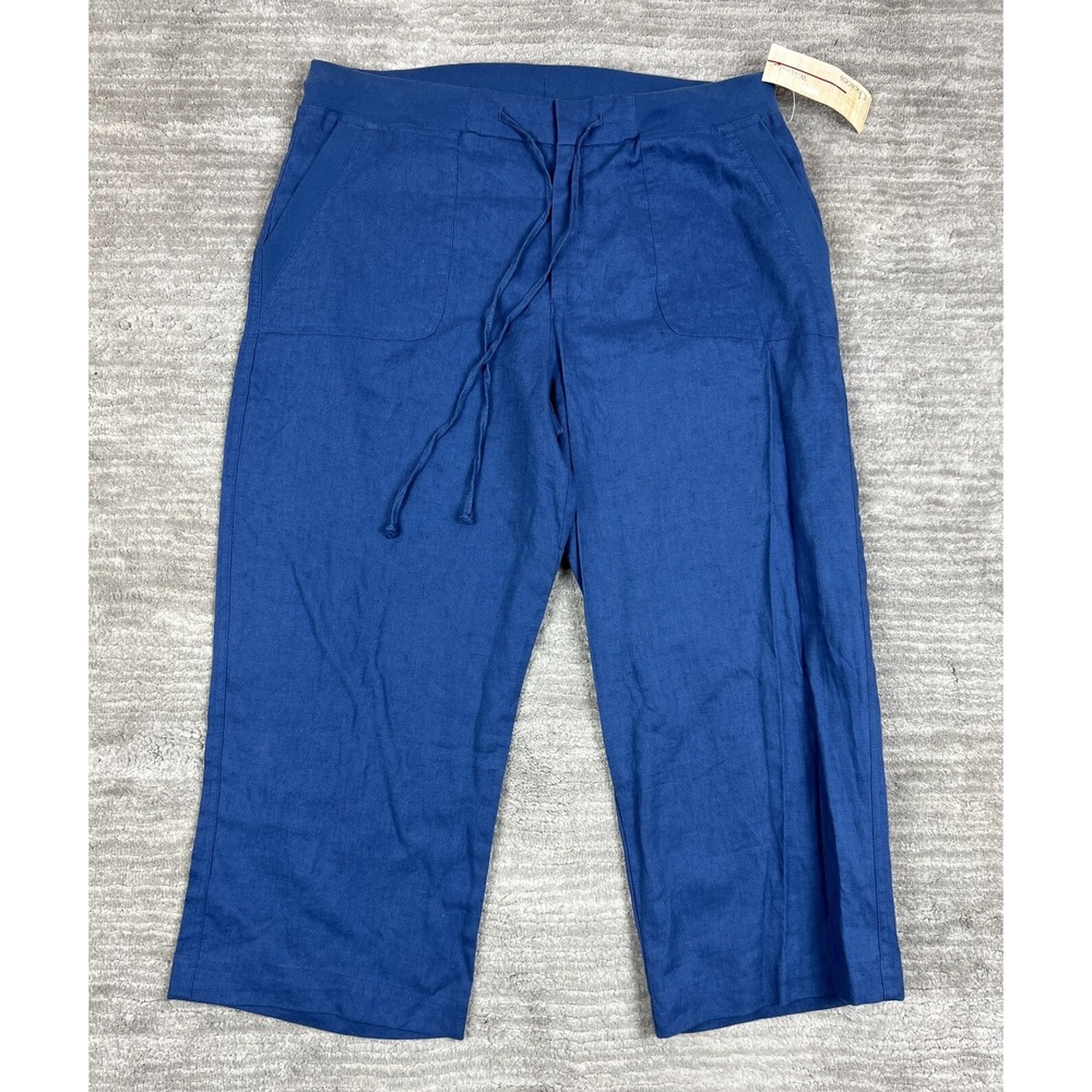 Weekend Choices Pants Womens L Blue Linen Cropped Wide Leg Drawstring‎ JLNP0165